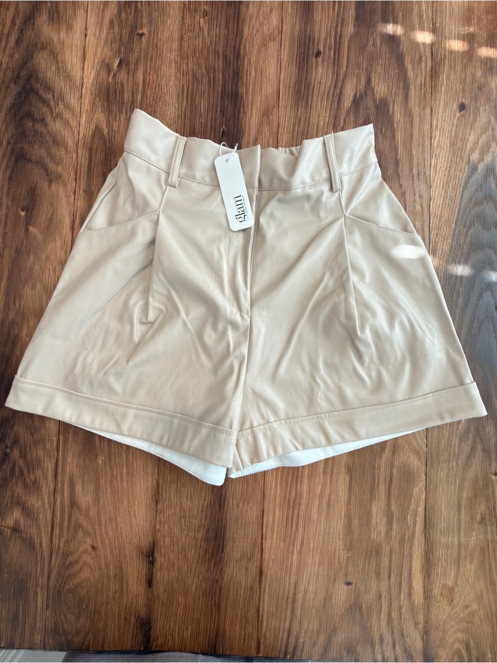 Glam Cream High-Waist Pleated Pleather Women’s Shorts